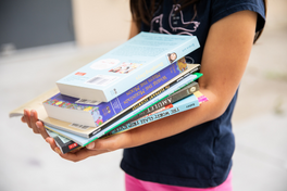 Girl carrying a pile of books